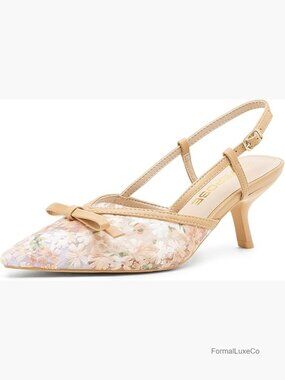 Slingback Kitten Heels 3 Inch Pointed Toe Floral Mesh Bow Pumps for Wedding